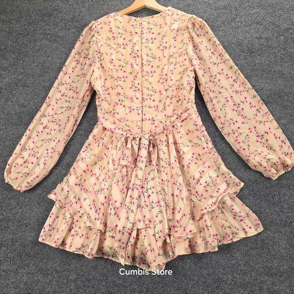 Floral Ruffle Tiered Mini Dress Womens Medium Cream Long Sleeve V Neck Wrap Boho - Picture 8 of 16